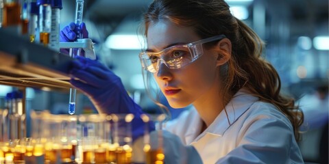 Biologists woman do experiments in biological laboratories. Generative AI.