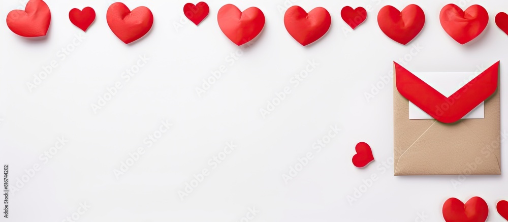 Poster A copy space image of a Valentine s Day concept with a top view of an envelope and red hearts isolated on a white background