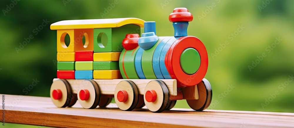Poster A wooden toy train decorated with colorful blocks sits on a green background leaving ample copy space for your image