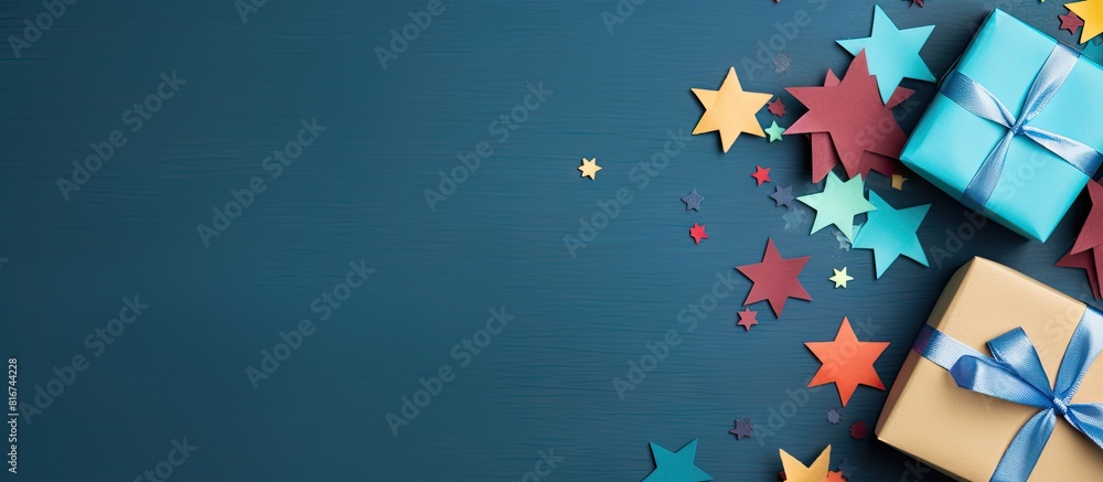 Aufkleber A top view of a blue table background with a gift box and various color paper decorations creating a design concept perfect for Father s Day The image has ample copy space