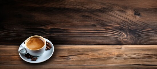 Copy space image featuring delicious coffee on a rustic wooden backdrop