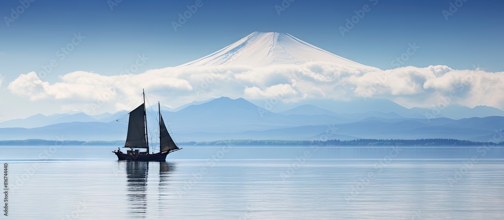 Poster A sailing ship with a traditional design sailing on the Kasumigaura lake. with copy space image. Place for adding text or design
