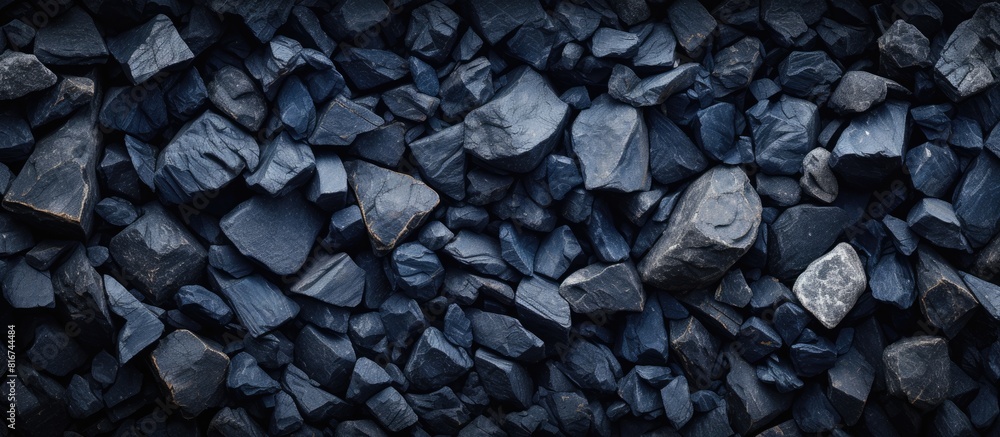 Fototapete A top down view of a textured background made of dark navy blue stones with an area available for adding an image or text. with copy space image. Place for adding text or design
