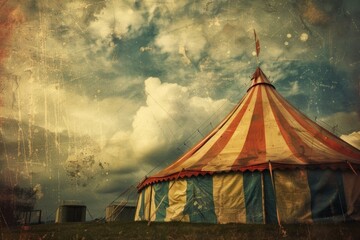 Grungestyle image of an oldfashioned circus tent with a dramatic cloudy sky backdrop