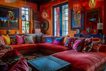 A vibrant wide-angle shot of a cozy boho living room featuring a colorful couch and stylish interior decor