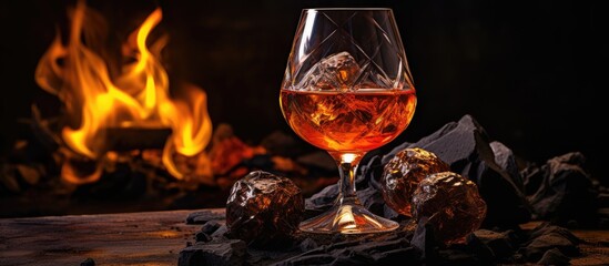 The image showcases a copy space with a tantalizing snifter of brandy resting on glowing charcoals exemplifying the essence of potent alcoholic beverages