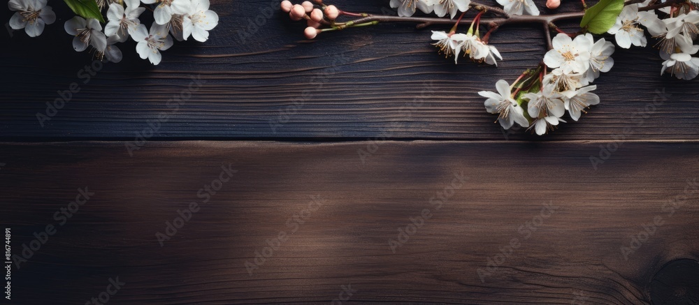 Poster on a wooden table there is a craft concept featuring a lace ribbon and a beautiful flowering branch 