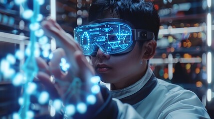 A Chinese man wearing VR glasses is using holographic augmented reality to green screen and cut out the background of her hand with a DNA double helix. Generative AI.