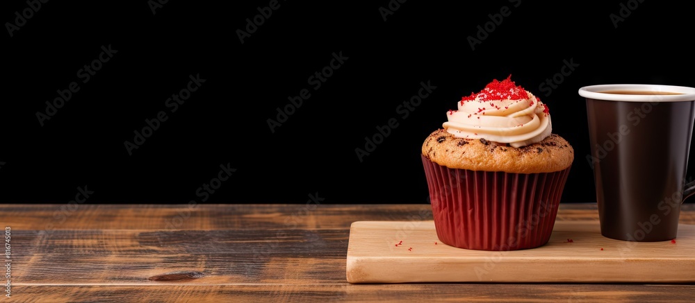 Poster A wooden tabletop covered with brown paper holds a black coffee cup and a delicious cupcake topped with sweet jam creating a perfect copy space image