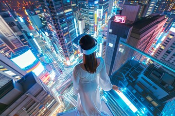 A woman in a white outfit stands on a ledge overlooking a city at night, capturing the bustling cityscape below - Powered by Adobe