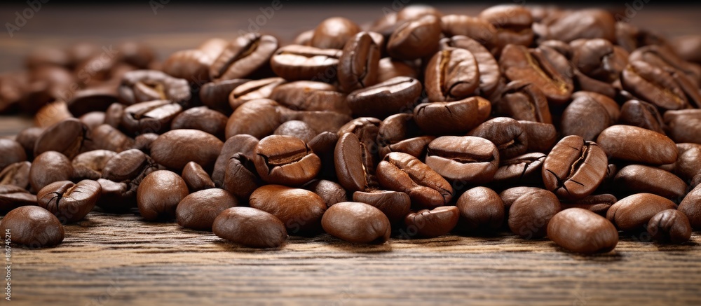 Poster a white background is set up to showcase dark roasted coffee beans with empty space for text or imag
