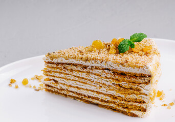 Delectable layered honey cake slice on white plate