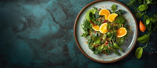 A top view of a salad on a ceramic plate consisting of spinach leaves orange pieces sesame seeds and onion The composition allows for copy space image
