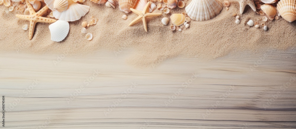 Poster The wooden floor is covered with sand and shells creating a summer themed copy space image