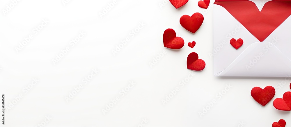 Poster A copy space image of a Valentine s Day concept with a top view of an envelope and red hearts isolated on a white background