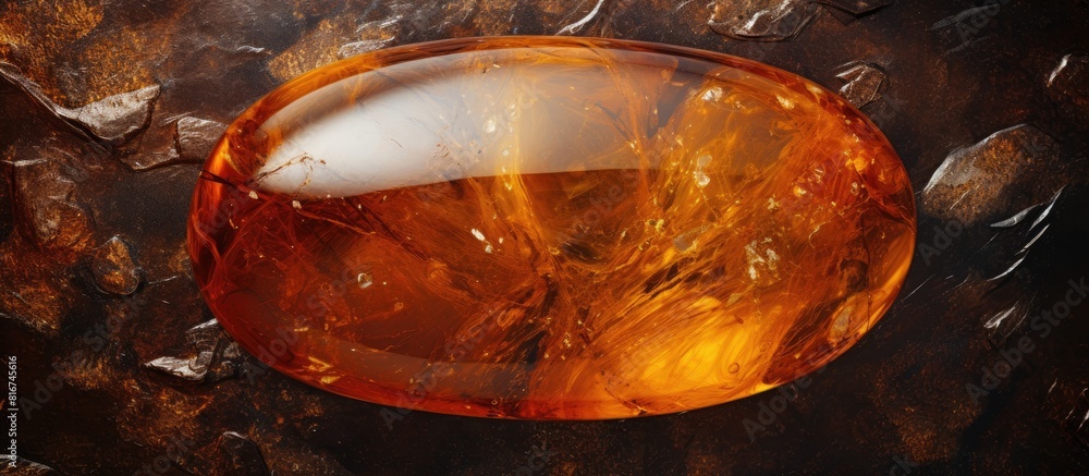 Poster a top down view of an amber stone with a textured background providing ample copy space for addition