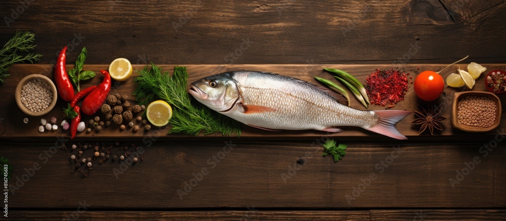 Poster The top view shows a copy space image of carp accompanied by spices vegetables and a wooden background highlighting the presentation of raw fish