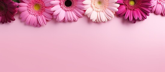A vibrant summer themed web banner showcasing pink purple and white gerbera flowers with lush green leaves on a pink backdrop perfect as a copy space image