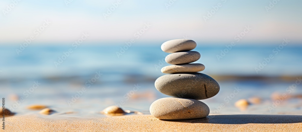Aufkleber a stack of smooth pebbles resting on the sandy shore with ample copy space in the image
