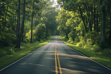 An asphalt road winding through a forest, summer evening