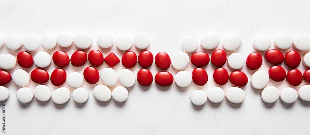 Aufkleber Top view of red and white tablets on a white background creating a spacious image. with copy space image. Place for adding text or design