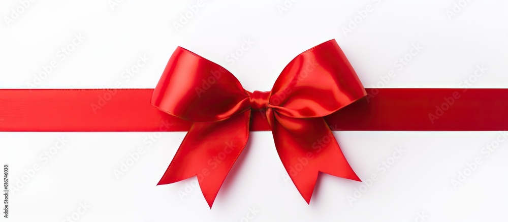 Poster A red satin gift bow with a single ribbon isolated on a white background creating a copy space image
