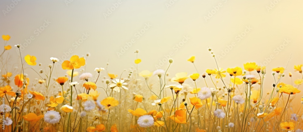 Poster A stunning display of spring wildflowers on a vibrant yellow backdrop adding an enchanting touch to the scene A perfect copy space image