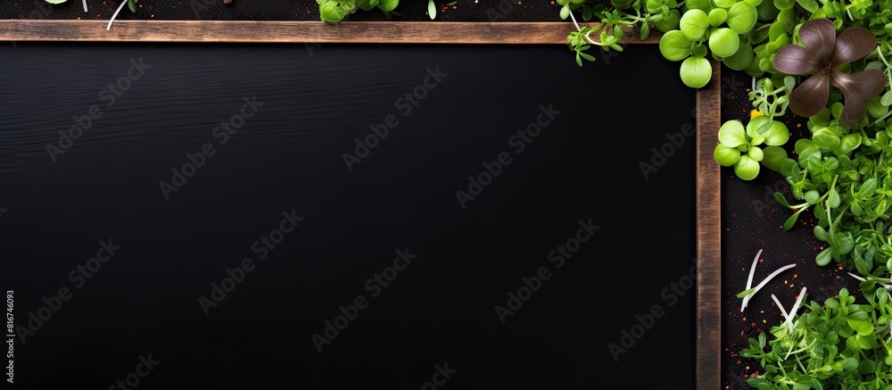 Aufkleber The flat lay image showcases a frame composed of various microgreens spread across a black table leaving ample copy space for text