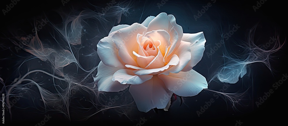 Poster A vibrant vintage style painting of a solitary rose blossom in soft pastel hues set against a black backdrop with intricate textures creating a captivating copy space image