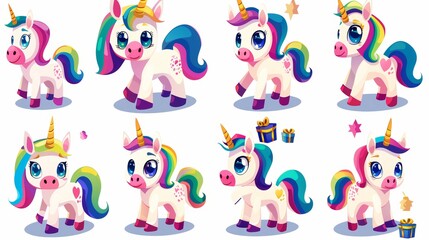The set of cartoons features cute unicorns with horns, colorful manes, and different emotions. Cute animals smiling, laughing, sad, and surprised by a present.