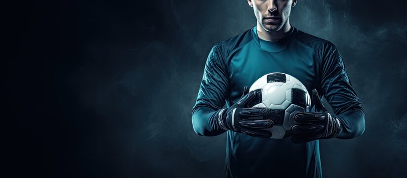 A young goalkeeper is holding a soccer ball in his hands with copy space available in the image