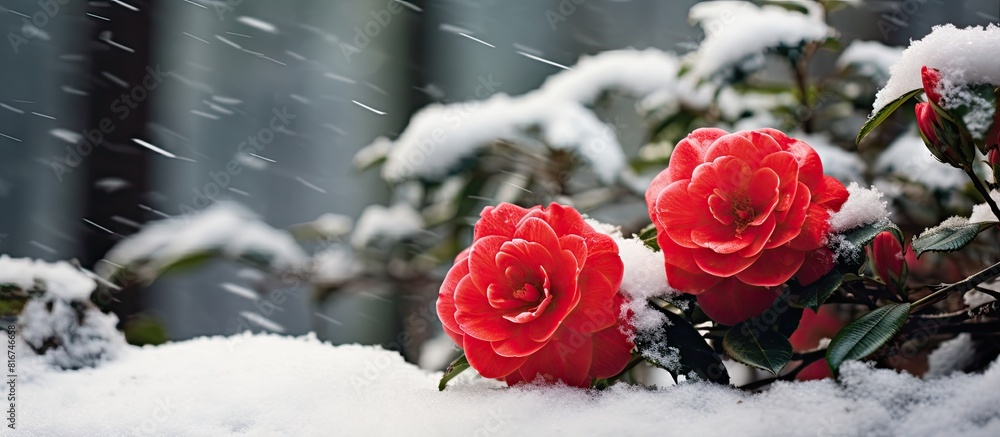 Poster A snow covered red camellia adds a touch of vibrant color to the winter scenery. with copy space image. Place for adding text or design