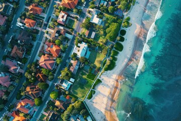 Topdown shot of a sunlit neighborhood by the ocean, showcasing homes and clear blue waters
