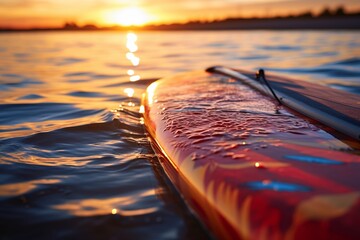 A red surfboard is floating on the water with the sun setting in the background