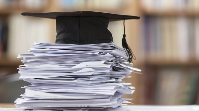 A graduation bachelor cap on a stack of paper, new graduate job hunting concept.