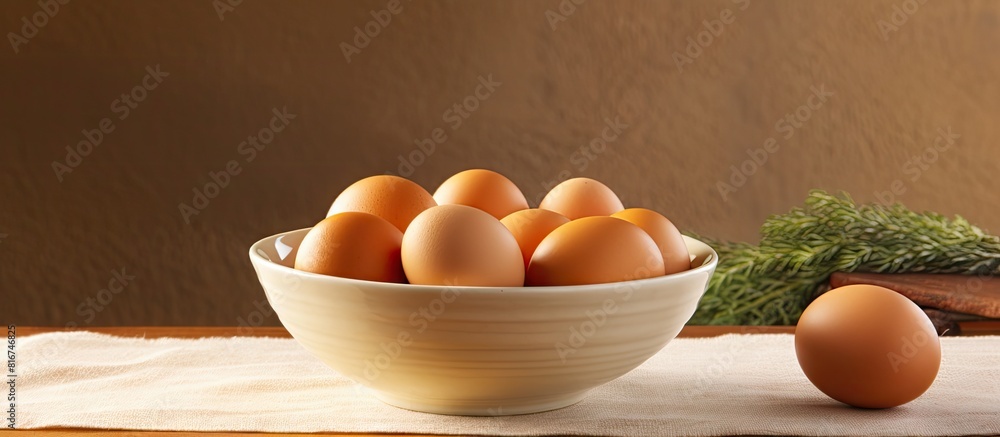 Poster fresh raw eggs in a bowl a cooking ingredient. with copy space image. place for adding text or desig