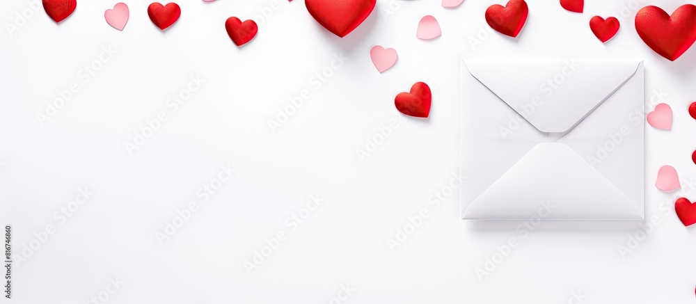Poster a copy space image of a valentine s day concept with a top view of an envelope and red hearts isolat