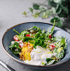 Fresh garden salad with yogurt dressing on textured table