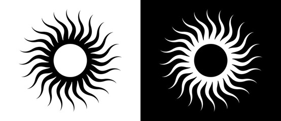 Art sun background. Tattoo template or logo with wave lines. Black shape on a white background and the same white shape on the black side.