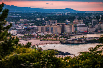 Aerial view of Hamdeok beach, Jeju island in South Korea.