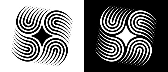 Lines in semicircles abstract background. Dynamic transition illusion, logo or icon. Black shape on a white background and the same white shape on the black side.