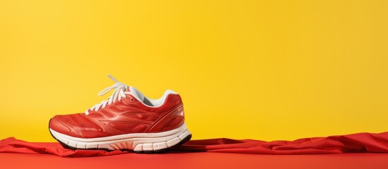 On a yellow background there is a copy space image featuring running shoes shorts a red towel and technological accessories
