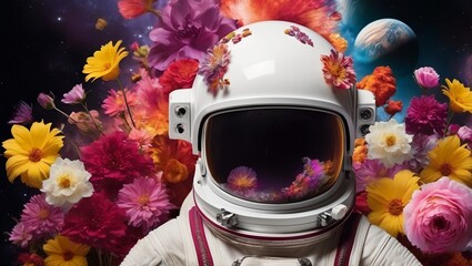 imagination  astronaut in space with breath taking flowers robot cyborg soldier