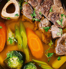 Hearty homemade beef and vegetable soup top view
