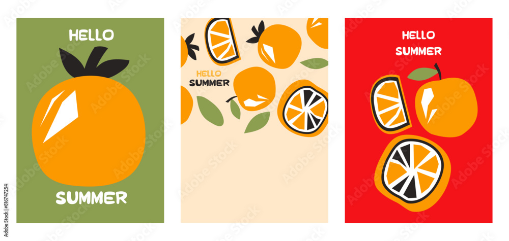 Wall mural stylish summer poster orange set in flat style. bright fruit compositions. set of flyers, posters, b