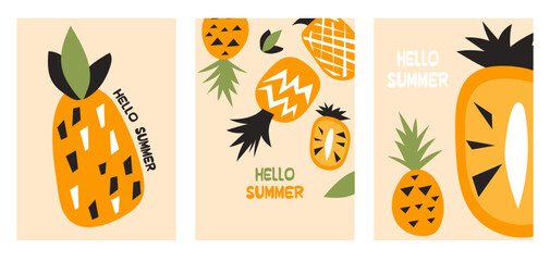 Stylish summer poster pineapple set in flat style. Bright fruit compositions. Set of flyers, posters, banners, placards, brochure design. Hello Summer, backgrounds with slices of fruits.  Vector