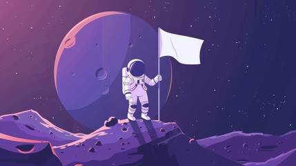 A modern cartoon illustration of an astronaut in a spacesuit with a blank white flag on the surface of an alien planet or moon.