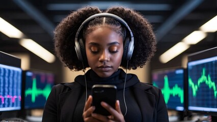 black girl, stock trading candle sticks in the background, all black outfit, wearing headphones Phone in hand