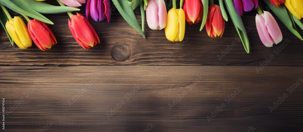 Aufkleber vintage wooden board with colorful spring tulips creating an easter background with copy space image