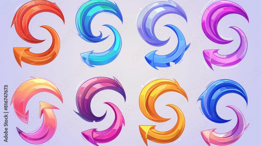 Poster a collection of cartoon spiral, round, and twisted arrows for app ui design. a bright and playful co